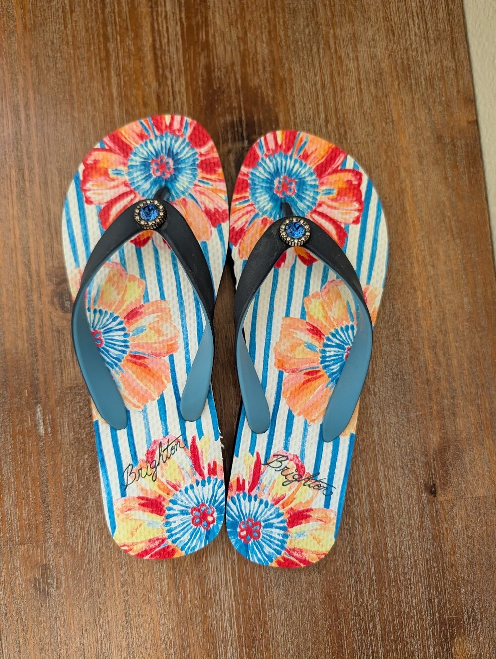 Brighton Blue Floral Rhinestone Thong Low Wedge Flipflop Sandals - size 7